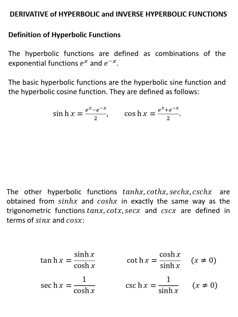 DERIVATIVE of HYPERBOLIC and INVERSE HYPERBOLIC FUNCTIONS | PDF ...