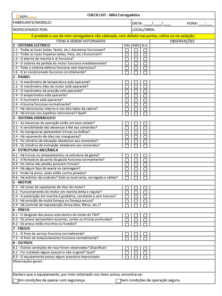 Check List Diário - BOBCAT Mini Carregadeira | PDF | Bens manufaturados ...