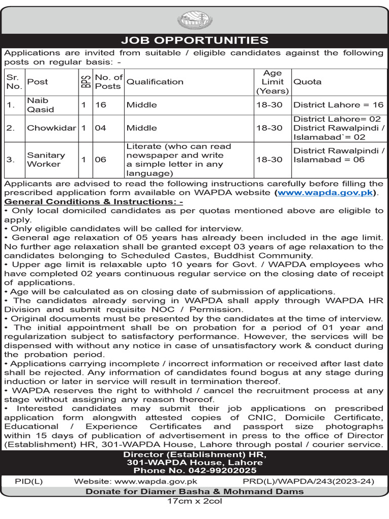 Job Openings at WAPDA for Dams Project | PDF | Government | Justice