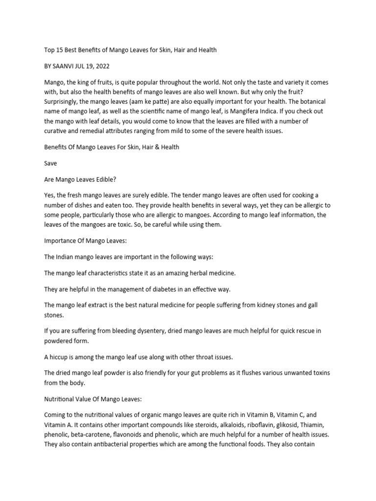 Health Benefits of Mango Leaves PDF Diabetes Mango