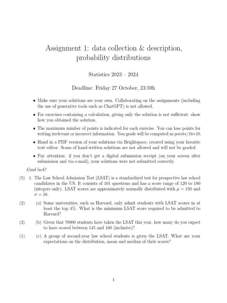 Assignment 1 pdf sampling statistics law school admission test