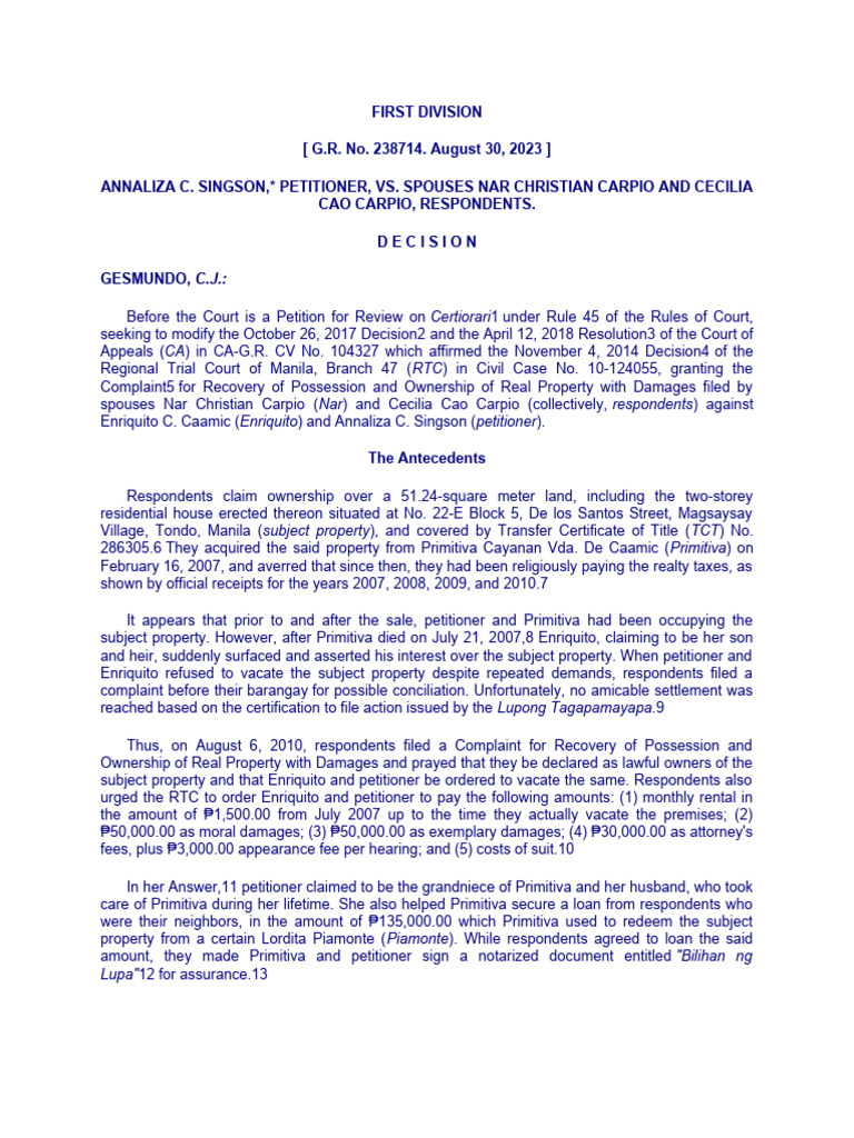 2023 - 0830 Singson Vs Sps Carpio G.R. No. 238714 | PDF | Mortgage Law ...