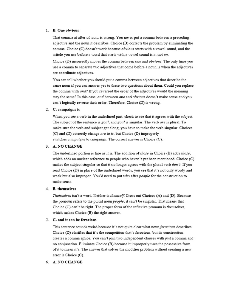 ACT English Test 1 Answer Explanations | PDF | Adjective | Comma