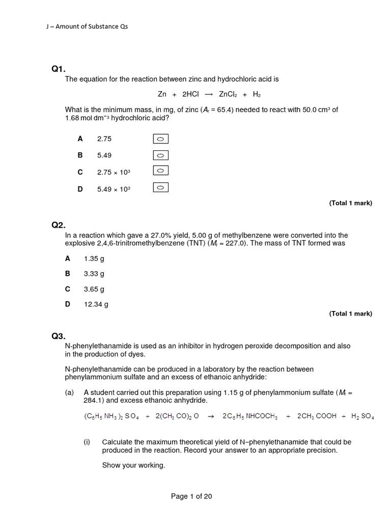 Amount of Substance Chemistry Questions | PDF | Sodium Hydroxide | Acid