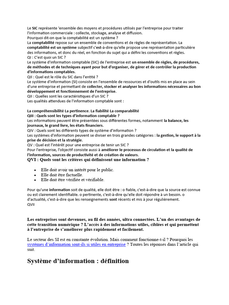 Définition et rôle du SIC en entreprise | PDF | Comptabilité | Normes ...