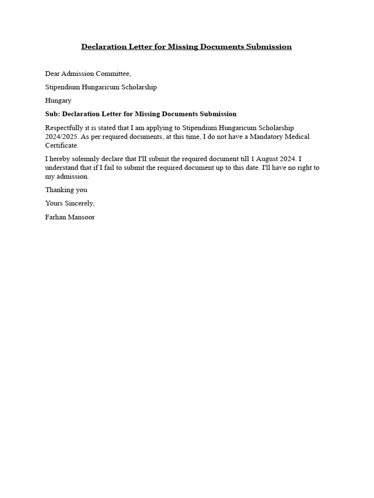 Declaration Letter For Mandatory Medical Certificate | PDF