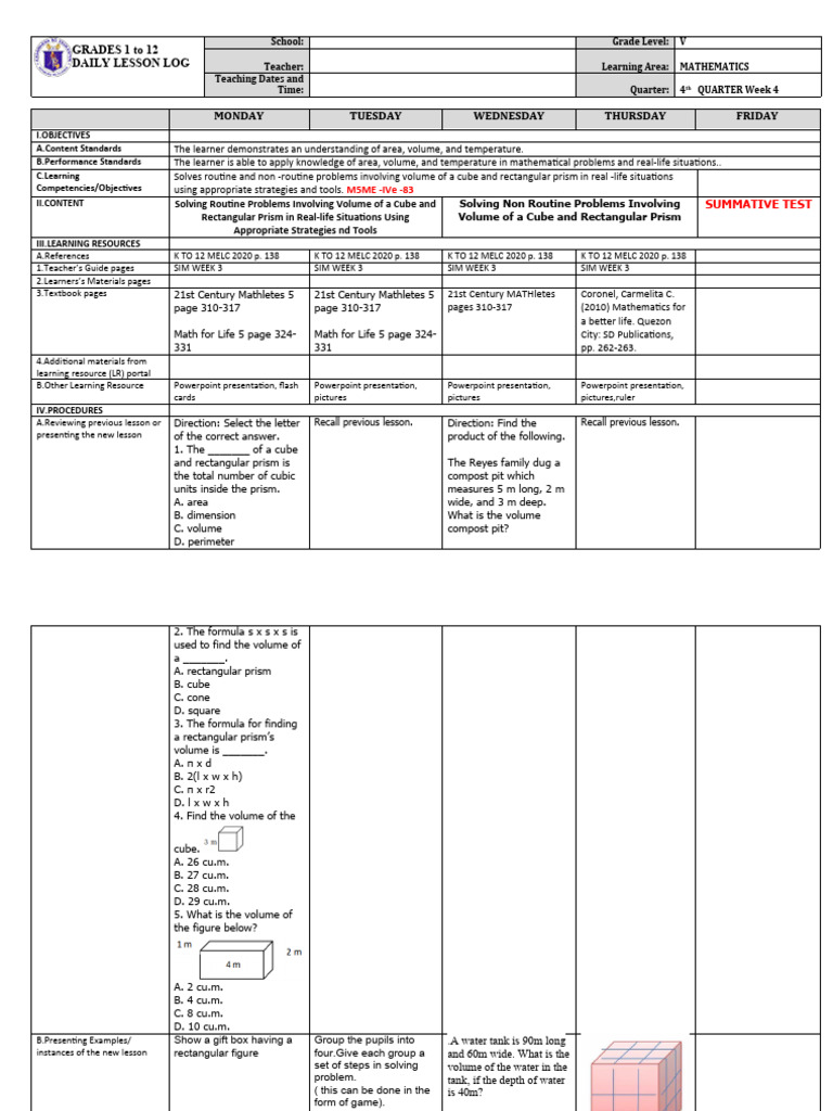 Volume Problems for Grade 5 Math | PDF