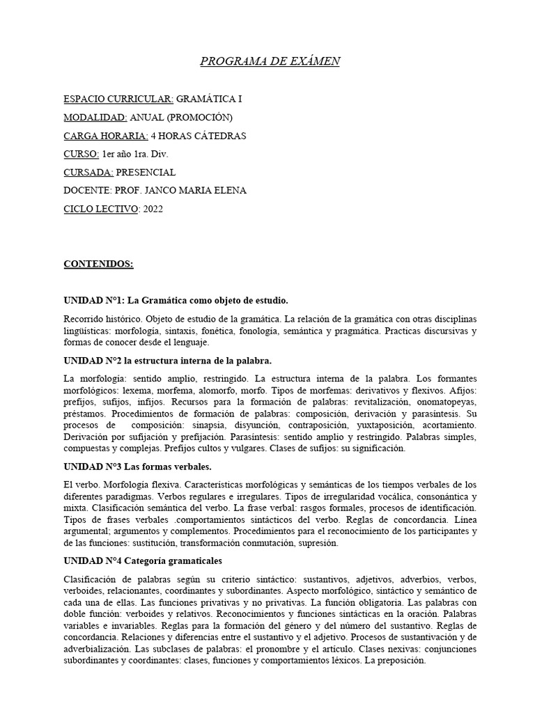 Programa de Exámen Gramatica I - 22 | PDF | Asunto (gramática) | Verbo