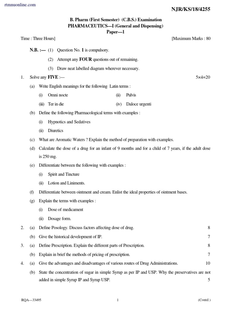 B Pharm 1 Sem Pharmaceutics 1 (General and Dispensing) Paper Summer ...