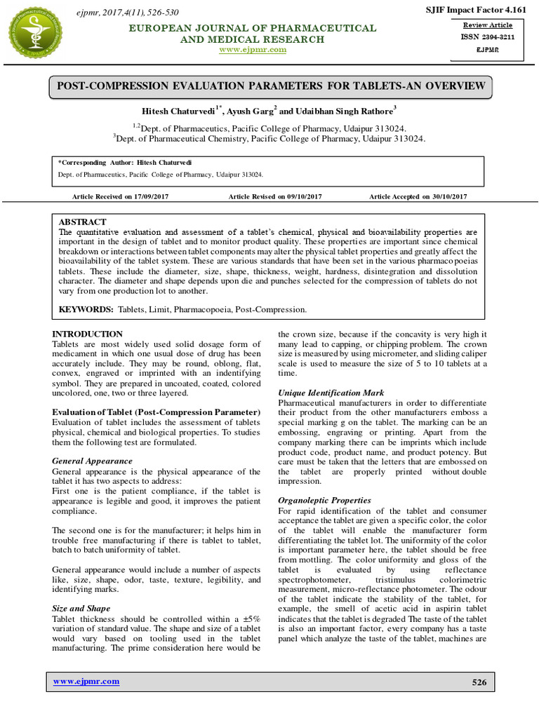 Post-Compression Evaluation Parameters For Tablets-An Overview | PDF