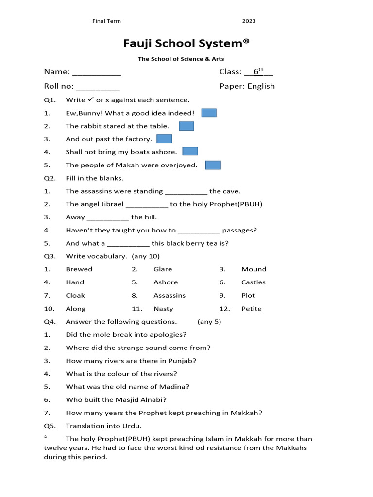 Class 5th Paper Englih A Final Term 2023 Pdf