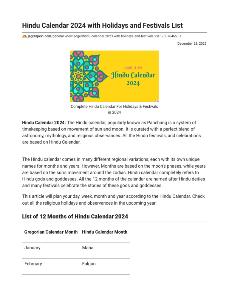 Hindu Calendar 2024 With Holidays and Festivals List PDF Calendar
