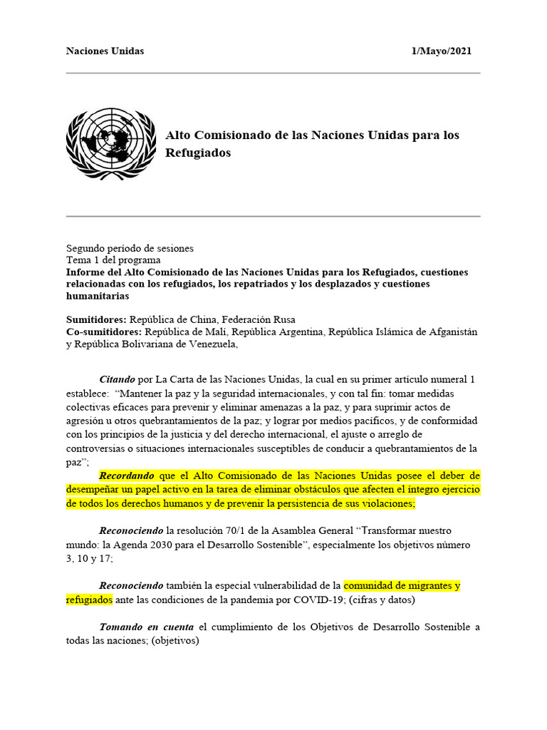 Anteproyecto De Resolucion Acnur 2 Pdf Naciones Unidas