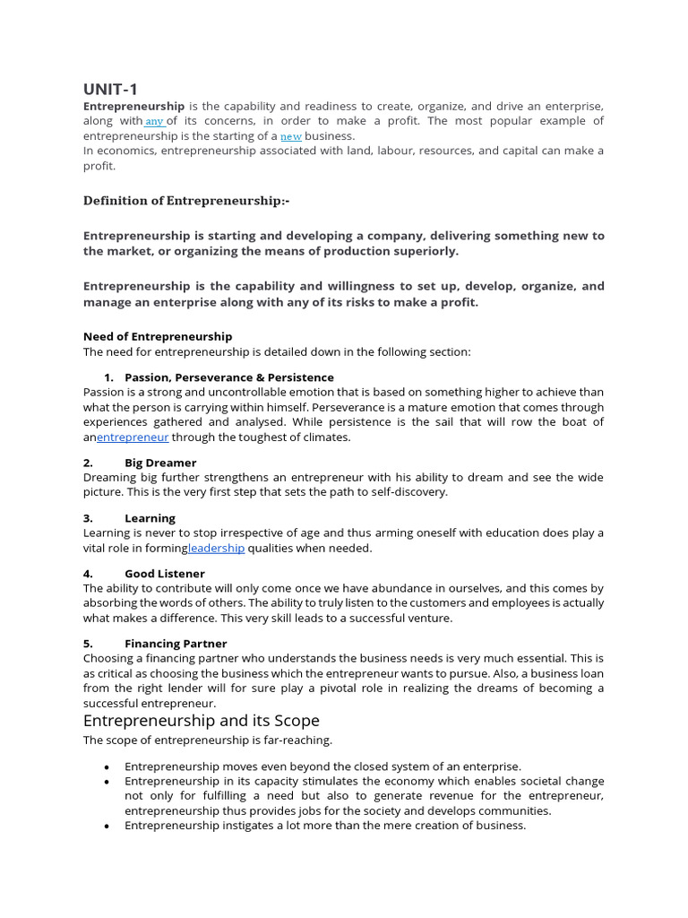 B tech 4th year unit 1 entrepreneurship pdf entrepreneurship