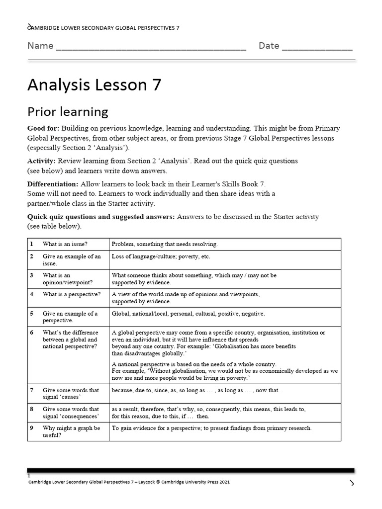 Analysis Lesson 7 Prior Learning | PDF | Learning | Globalization
