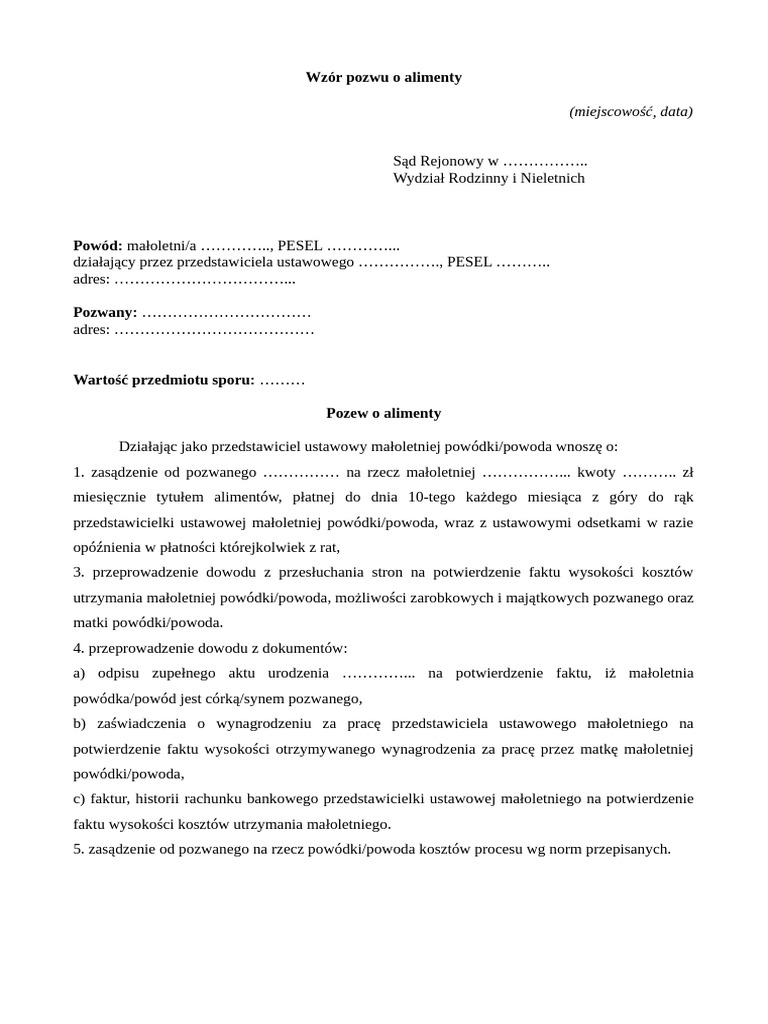 Wzor Pozwu o Alimenty 2 | PDF