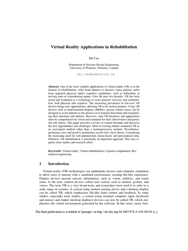 1-cao-VR Applications in Rehabilitation | PDF | Virtual Reality ...