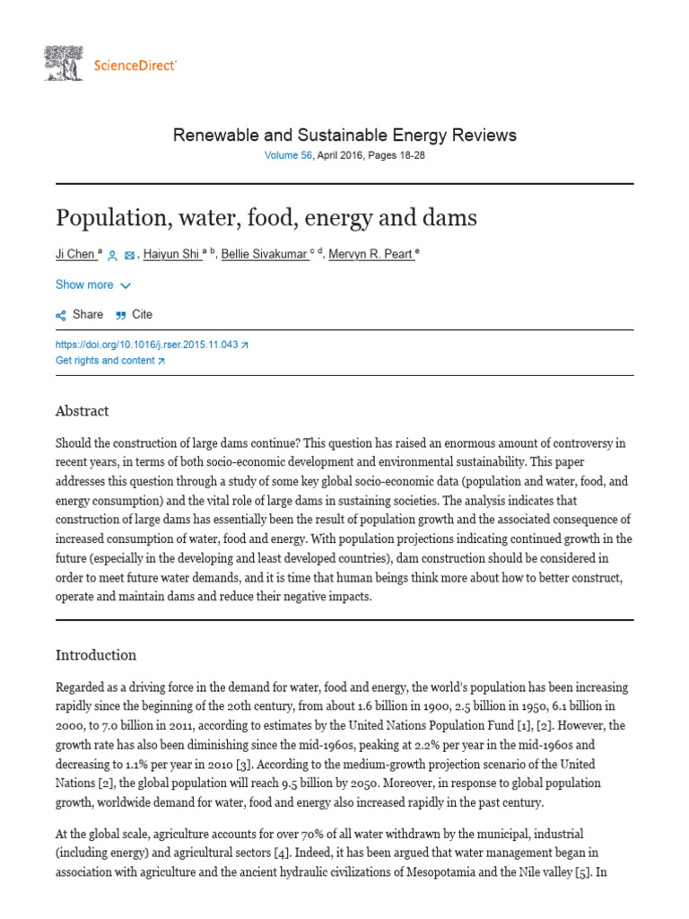 Population, Water, Food, Energy and Dams ScienceDirect PDF
