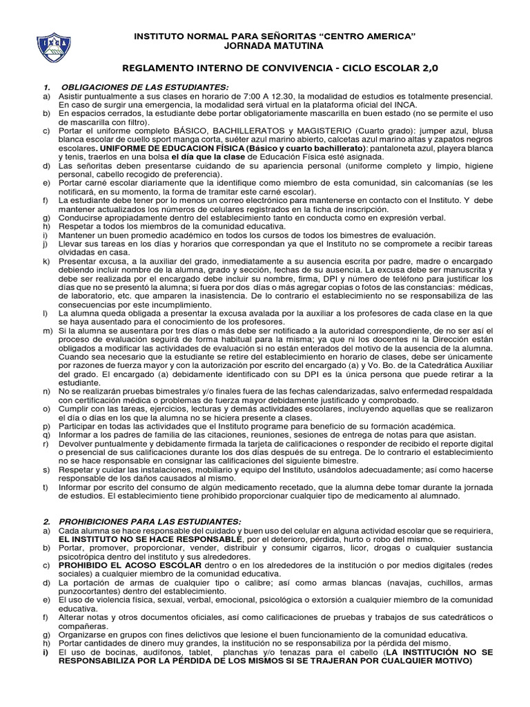 Reglamento Interno de Convivencia 2024 | PDF