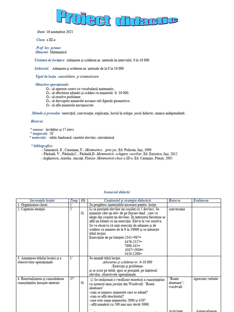 Proiect Didactic Matematica Clasa A Iii-A | PDF