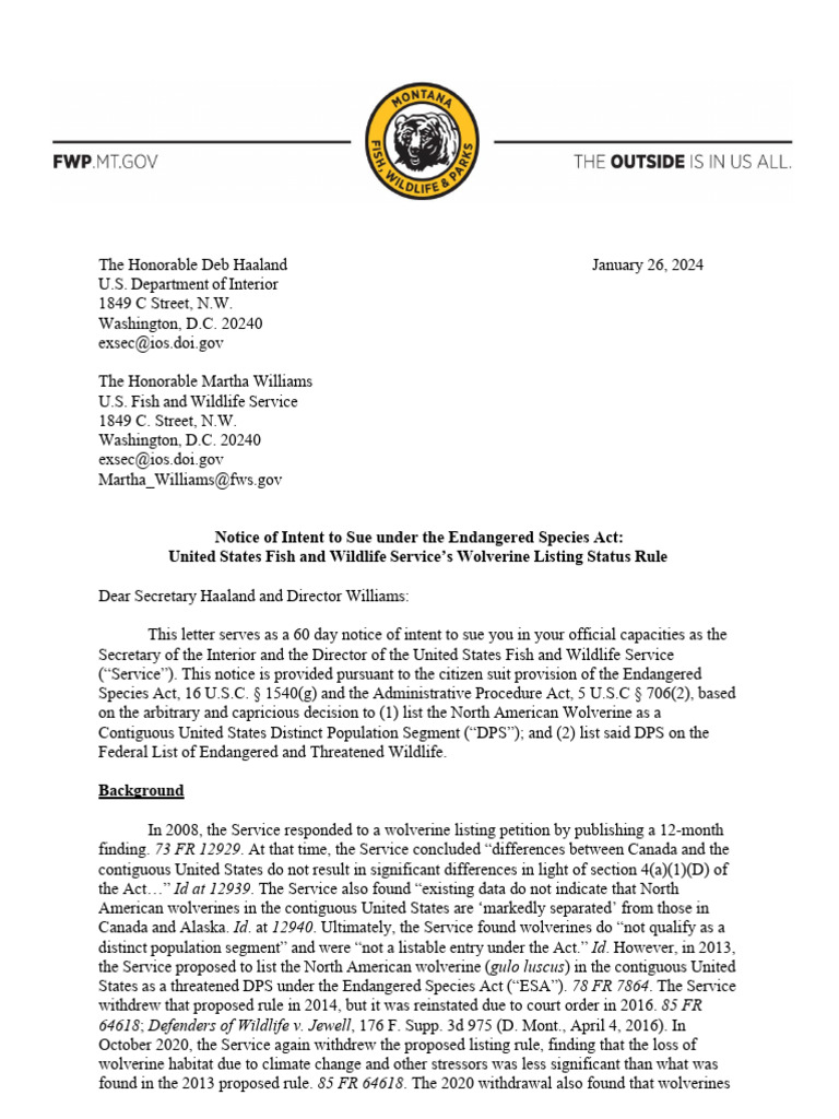 Notice of Intent To Sue Letter - Wolverines 1.26.24 | PDF | Endangered