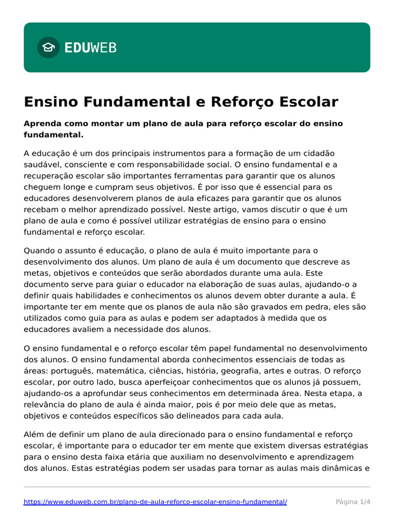 Plano de Aula: Reforço Escolar Fundamental | PDF | Carreira e Crescimento