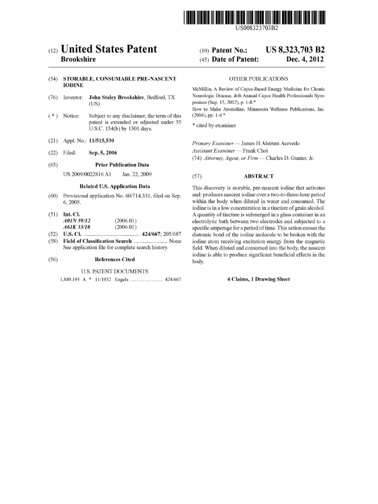 Storable, Consumable Pre-Nascent Iodine - US8323703 | PDF | Iodine | Gallon