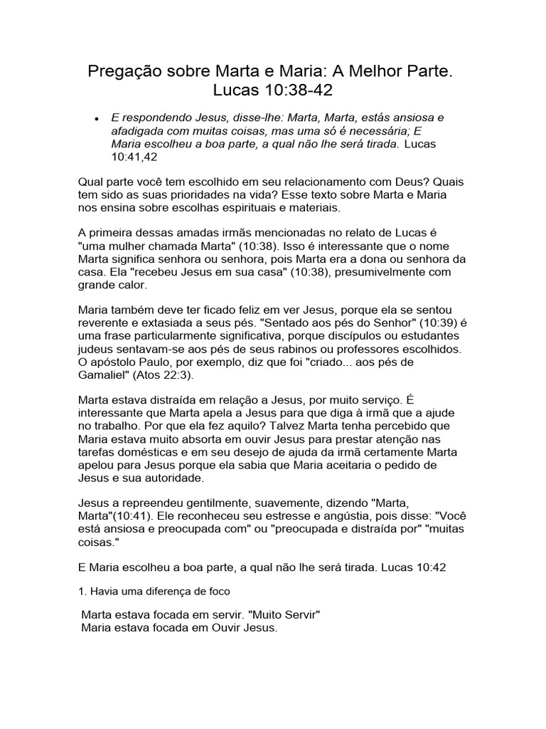 Pregação sobre Marta e Maria: Prioridades | PDF | Jesus | Maria, mãe de ...