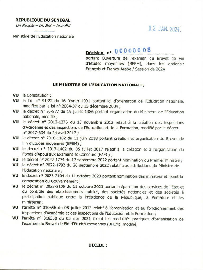 Ouverture BFEM 2024 PDF