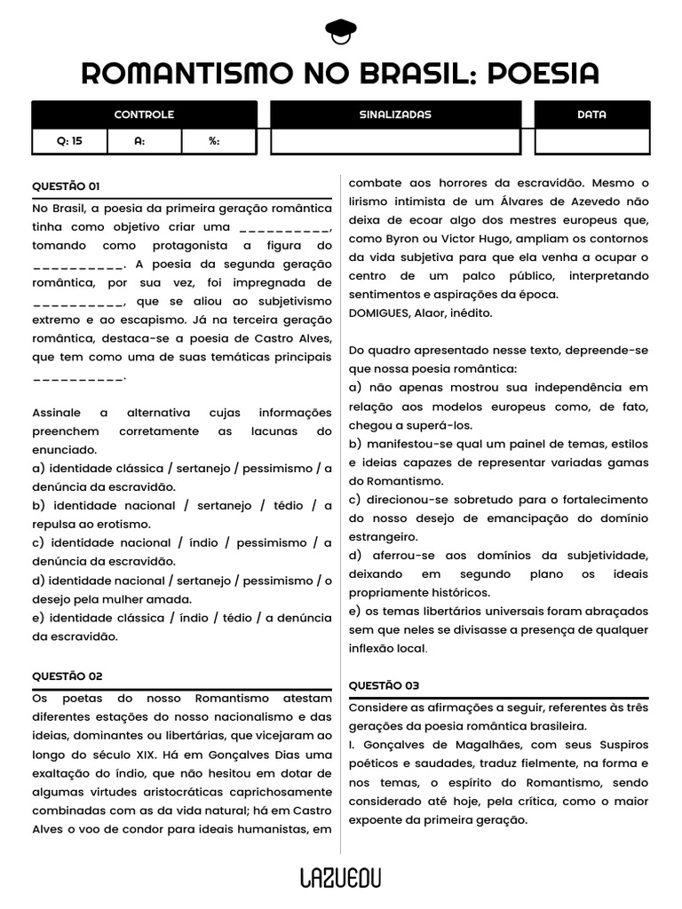 Exercício Romantismo | PDF | Romantismo | Amor
