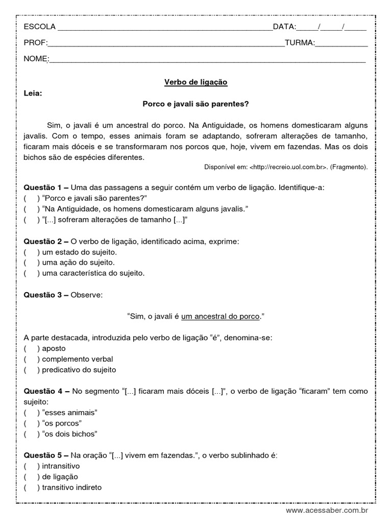 Atividade de Portugues Verbo de Ligacao 8º Ano PDF | PDF