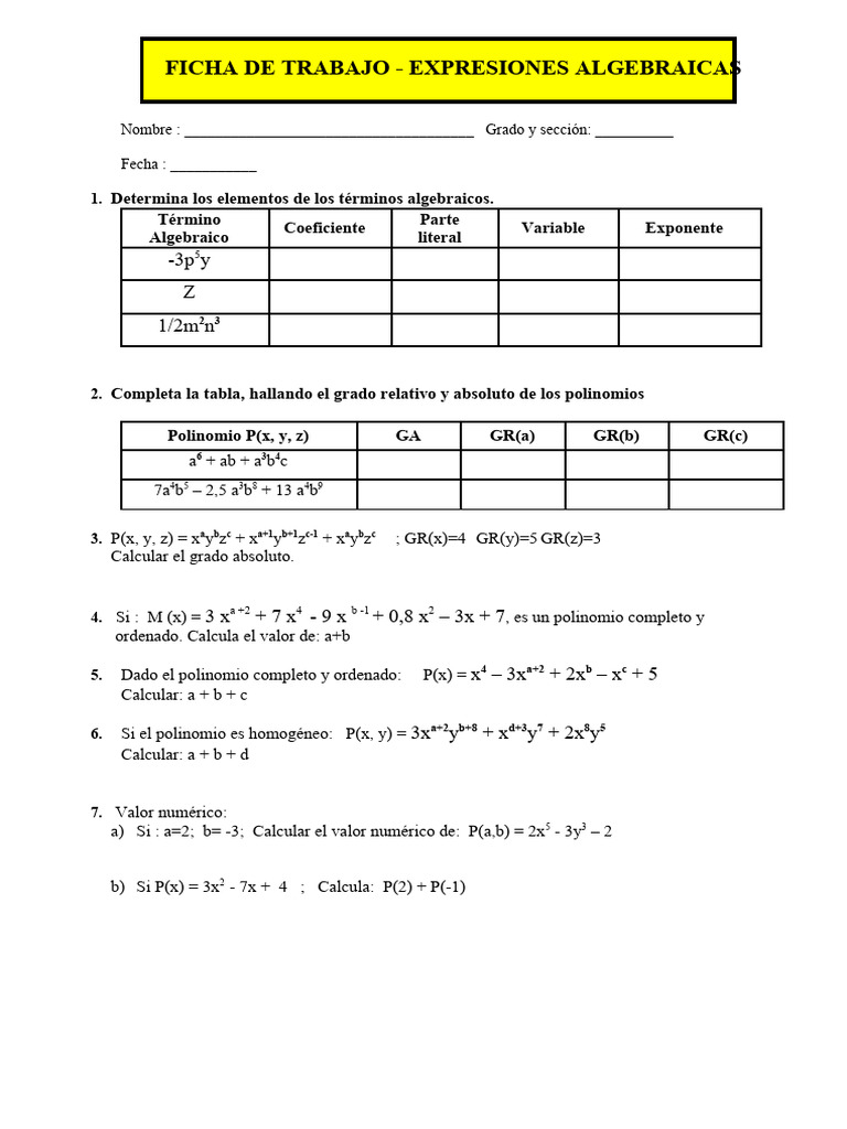 Ficha de Trabajo - Expresiones Algebraicas | PDF