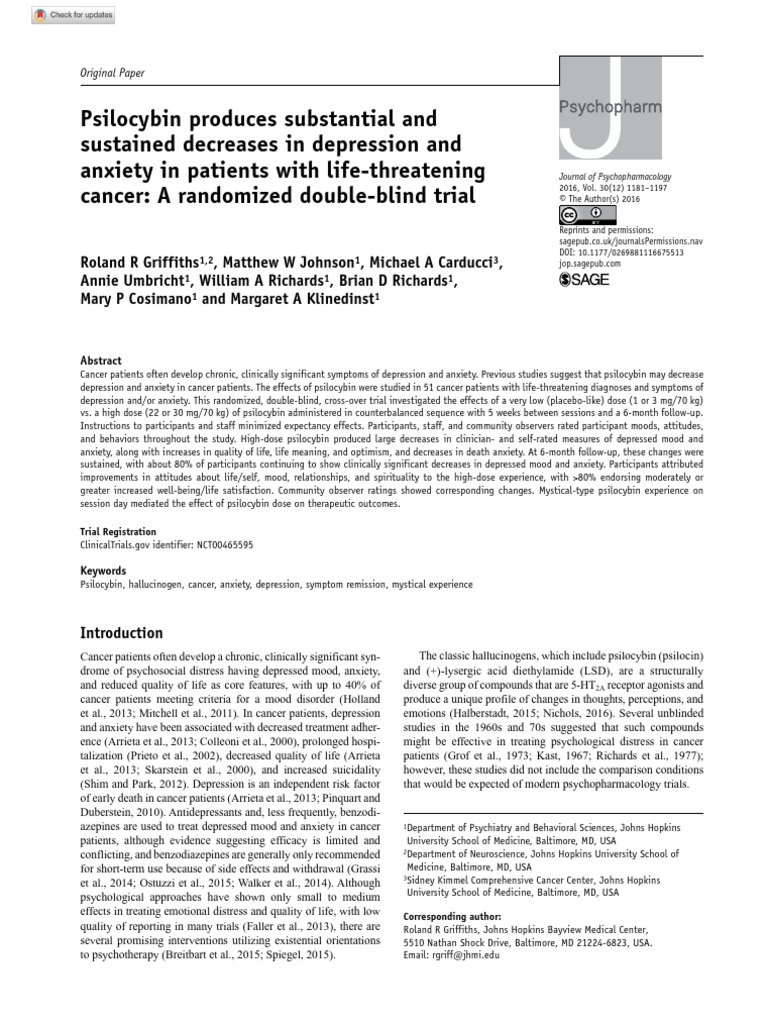 Griffiths Et Al 2016 Psilocybin Produces Substantial And Sustained
