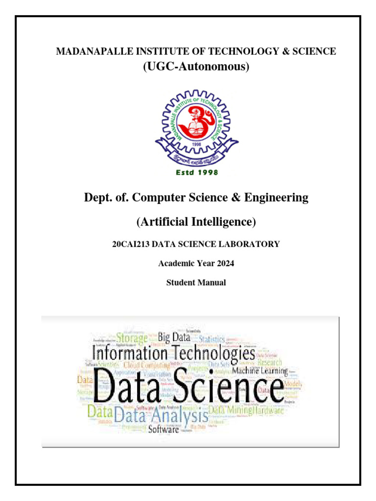 20CAI213 DATA SCIENCE LABORATORY Manual 2024 | Download Free PDF ...