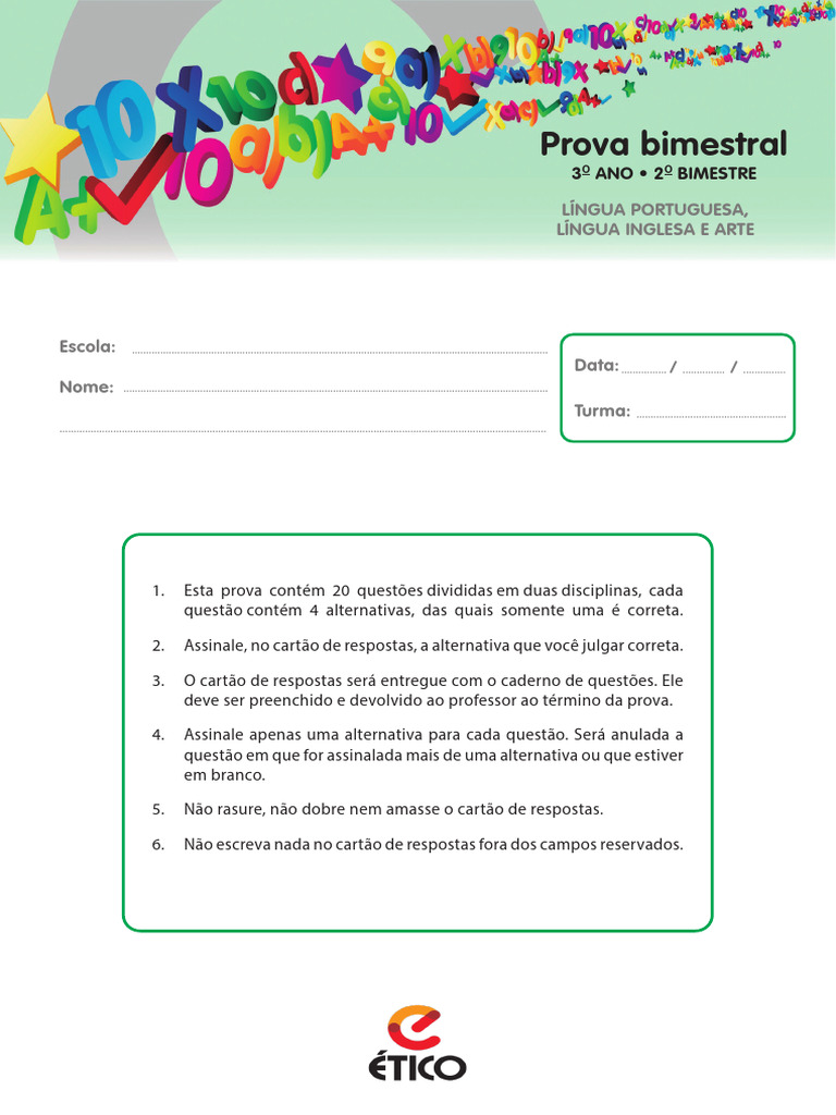 Prova Bimestral 3º Ano: Português e Inglês | PDF | Imagem | Zebra