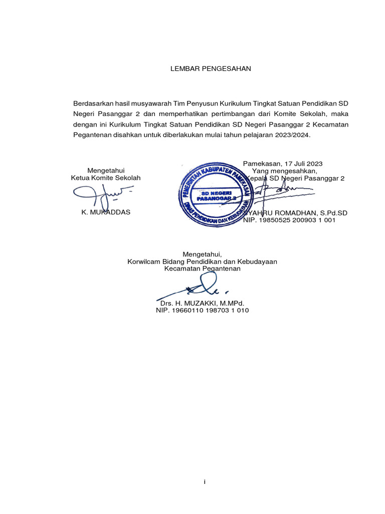 Lembar Pengesahan Kurikulum SD 2023 | PDF