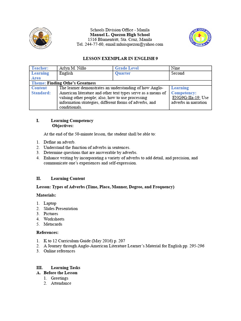 Adverbs Lesson Plan for Grade 9 | PDF | Adverb | Learning