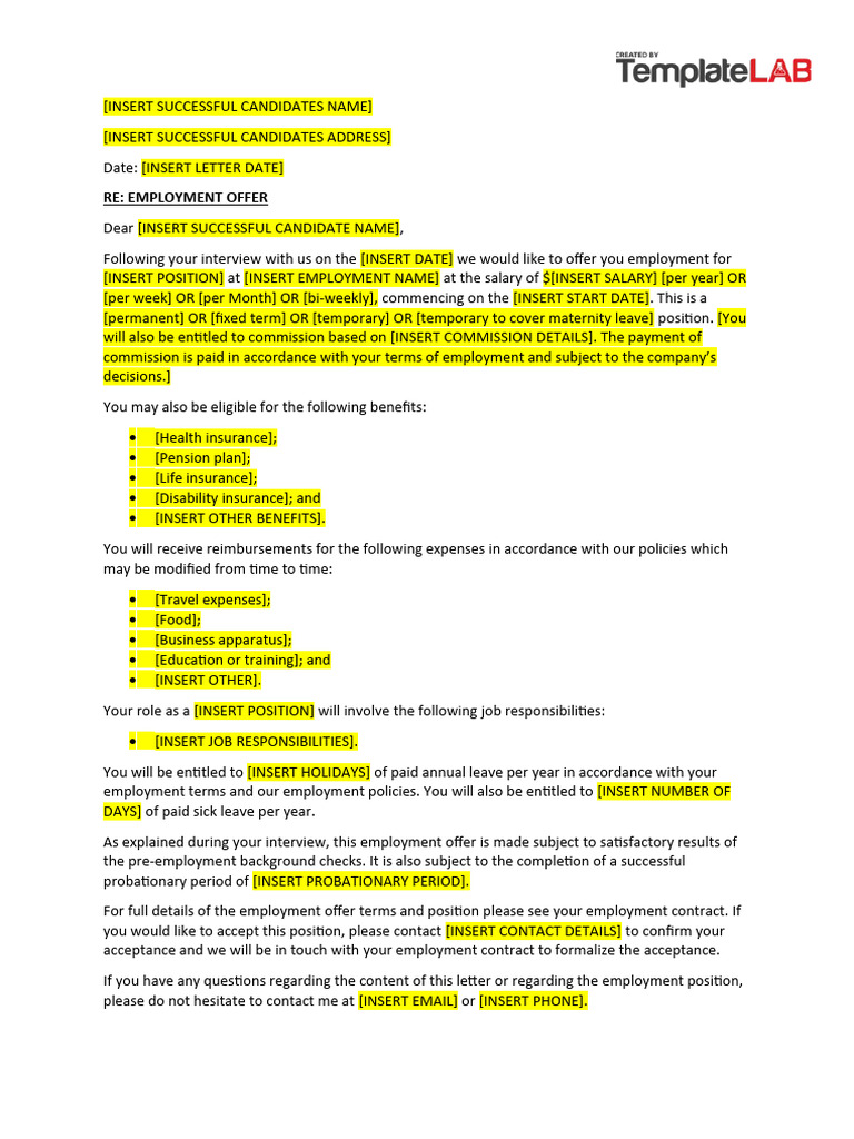 Employment Offer Letter Template | PDF | Employment | Salary