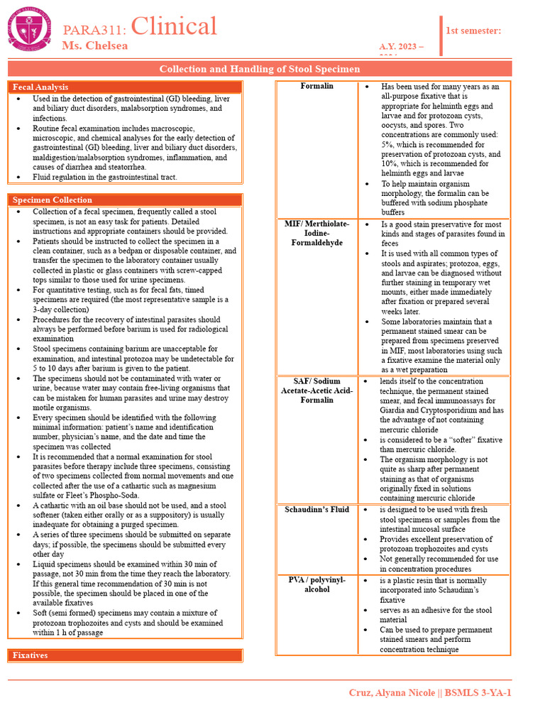 Stool Specimen Collection and Analysis Guide | PDF