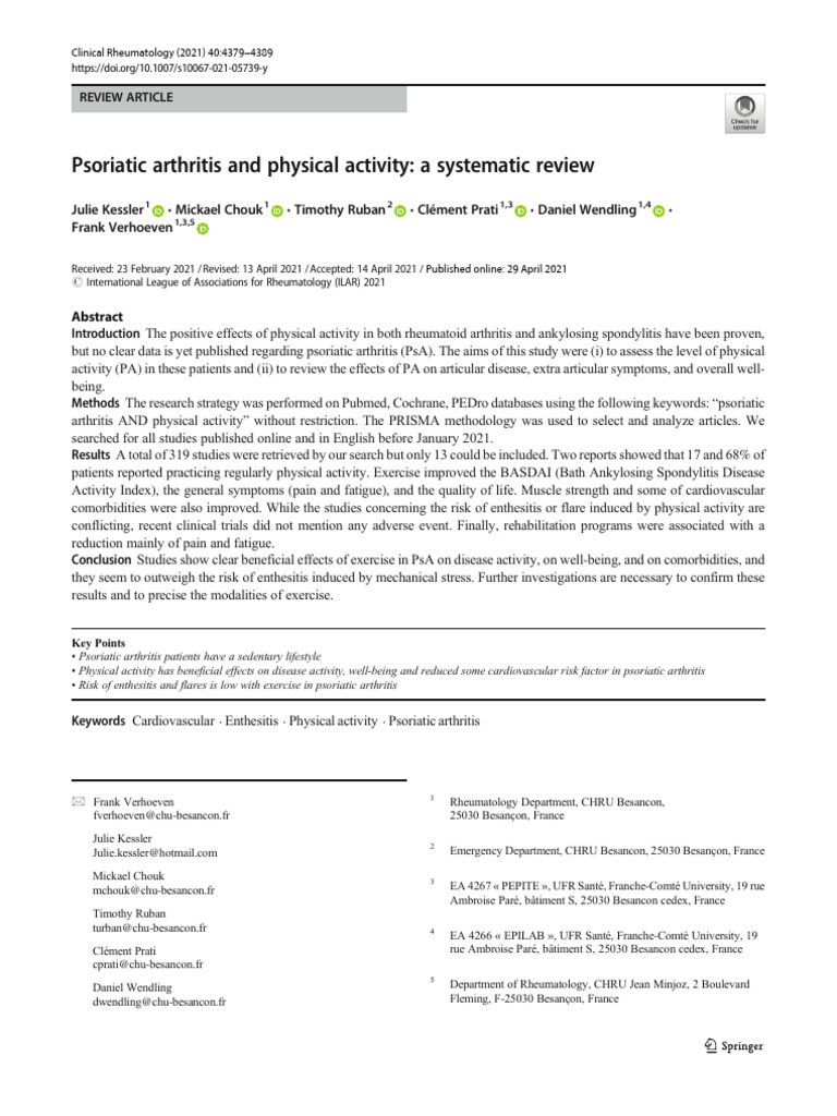 Psoriatic Arthritis and Physical Activity: A Systematic Review | PDF ...