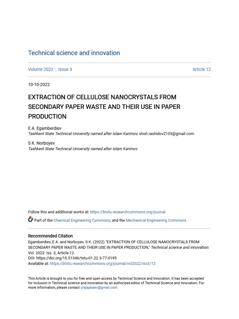 Extraction of Cellulose Nanocrystals From Secondary Paper Waste A | PDF ...