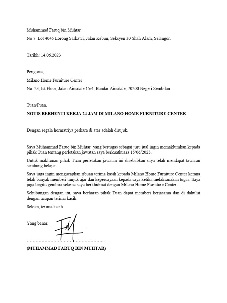 Notis Berhenti Kerja 24 Jam Pdf