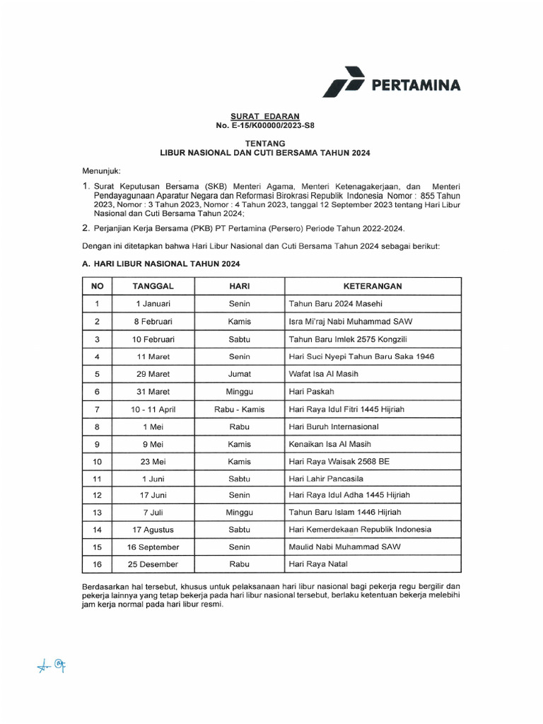 E-15-K00000-2023-S8-Libur Nasional Dan Cuti Bersama Tahun 2024 | PDF