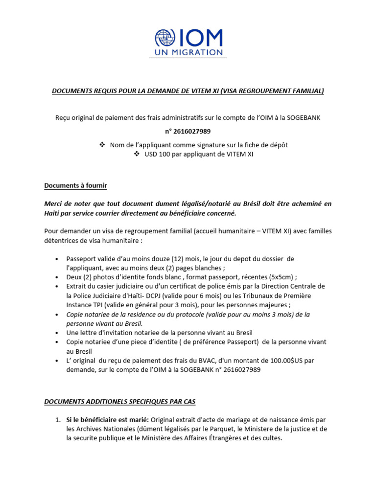 Documents Requis Pour La Demande de Visa Humanitaire Vitem Xi Francais ...