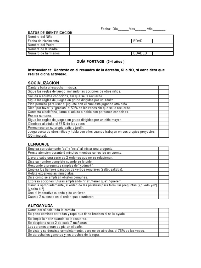 Guía Portage para Evaluación Infantil | PDF | Adultos | Ocio