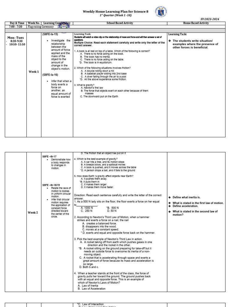 SCIENCE 8 WLP Q1 Week - 1 10 1 | PDF | Force | Heat