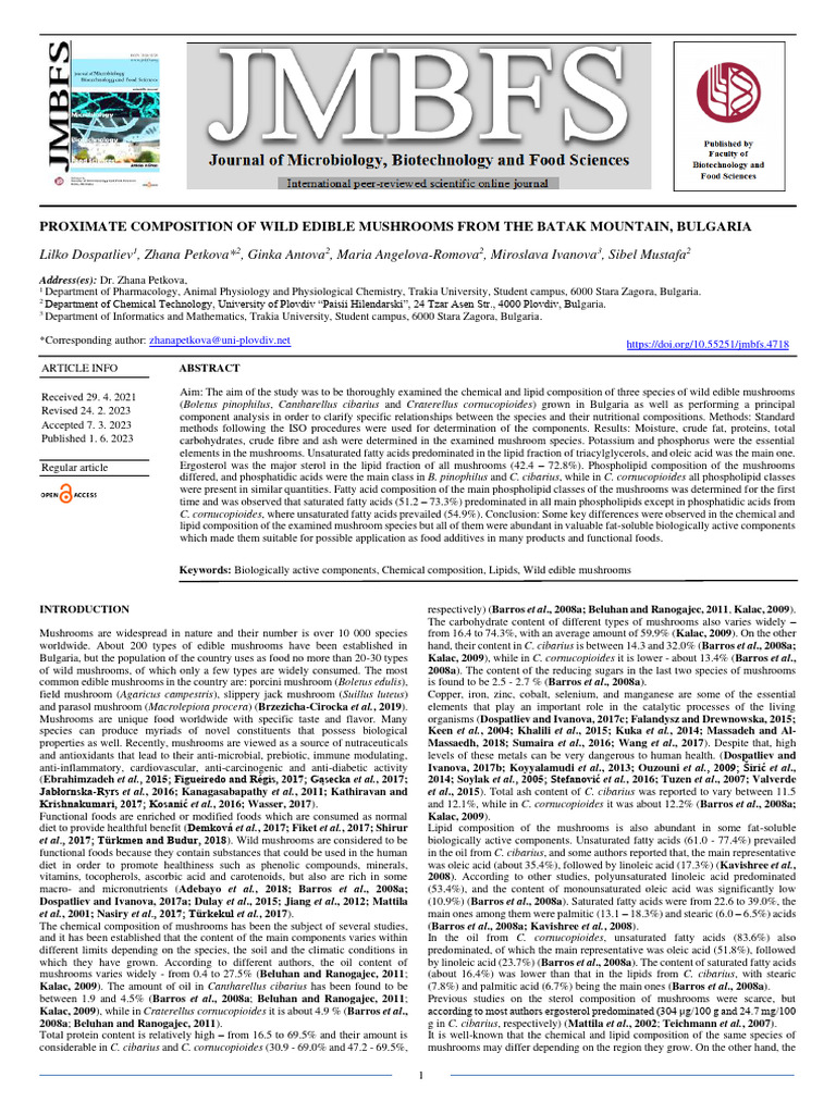 PROXIMATE COMPOSITION OF WILD EDIBLE MUSHROOMS FROM THE BATAK MOUNTAIN ...