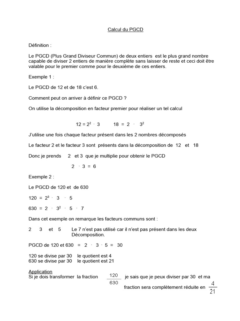 Calcul du PGCD : Méthodes et Exemples | PDF | Division | Mathématiques