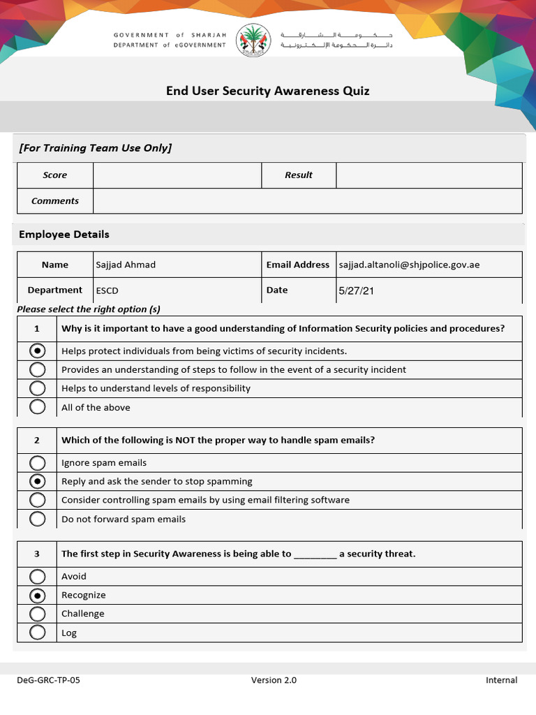 DeG-GRC-TP-05 Security Awareness Assessment Quiz - English - 1 | PDF ...
