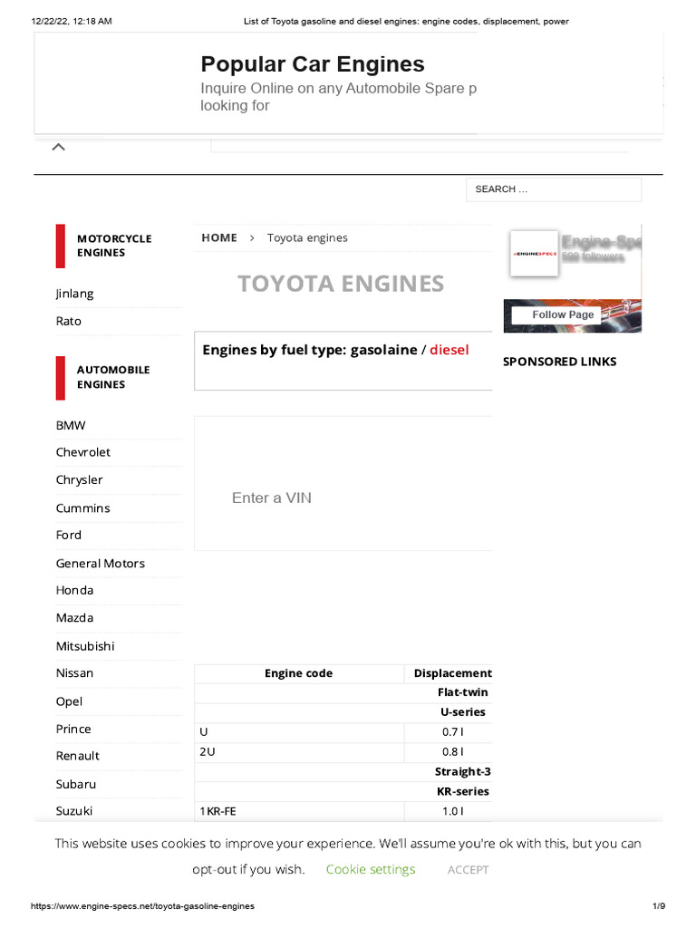 List of Toyota Gasoline and Diesel Engines - Engine Codes, Displacement ...